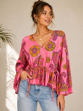 Jules Reid Pink Boho Abstract Floral Peplum Blouse Tie Waist Size 10‎